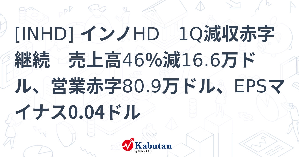 [INHD] インノHD 1Q減収赤字継続 売上高46％減16.6万ドル、営業赤字80.9万ドル、EPSマイナス0.04ドル - 株探 ...