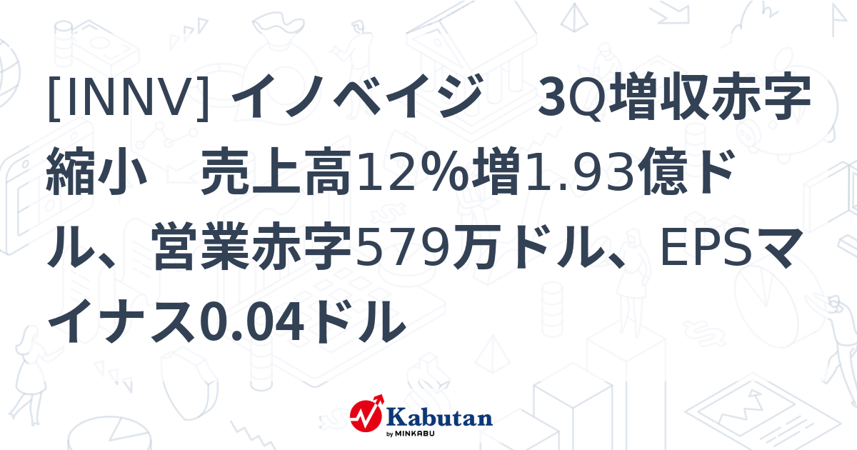 [INNV] イノベイジ 3Q増収赤字縮小 売上高12％増1.93億ドル、営業赤字579万ドル、EPSマイナス0.04ドル - 株探(かぶたん ...