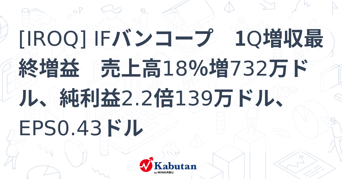 [IROQ] IFバンコープ 1Q増収最終増益 売上高18％増732万ドル、純利益2.2倍139万ドル、EPS0.43ドル - 株探(かぶたん ...