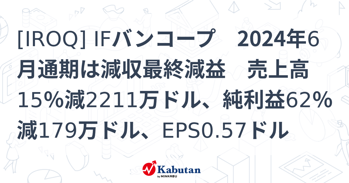 [IROQ] IFバンコープ 2024年6月通期は減収最終減益 売上高15％減2211万ドル、純利益62％減179万ドル、EPS0.57ドル ...