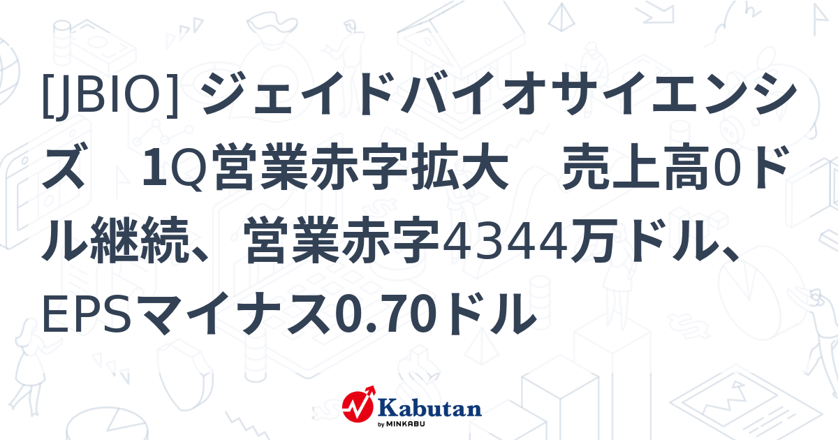 [JBIO] ジェイドバイオサイエンシズ 1Q営業赤字拡大 売上高0ドル継続、営業赤字4344万ドル、EPSマイナス0.70ドル - 株探 ...