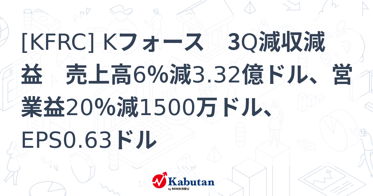 [KFRC] Kフォース 3Q減収減益 売上高6％減3.32億ドル、営業益20％減1500万ドル、EPS0.63ドル - 株探(かぶたん)｜米国株