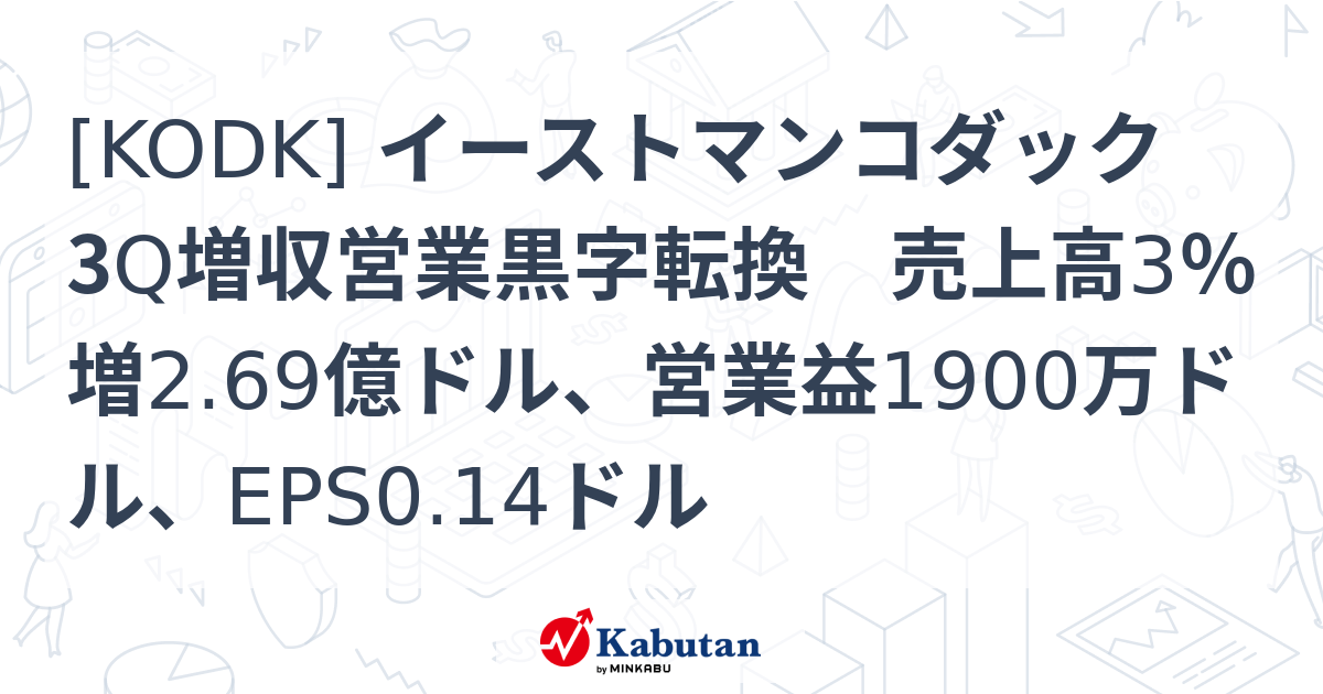 KODK] イーストマンコダック 3Q増収営業黒字転換 売上高3％増2.69億
