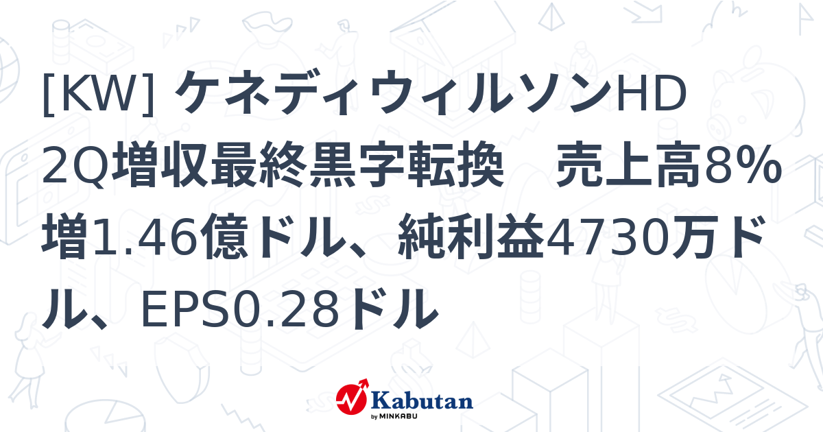 [KW] ケネディウィルソンHD 2Q増収最終黒字転換 売上高8％増1.46億ドル、純利益4730万ドル、EPS0.28ドル 株探
