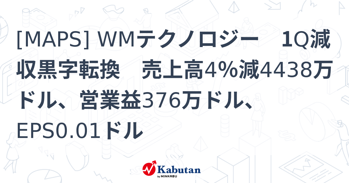 [MAPS] WMテクノロジー 1Q減収黒字転換 売上高4％減4438万ドル、営業益376万ドル、EPS0.01ドル - 株探(かぶたん)｜米国株