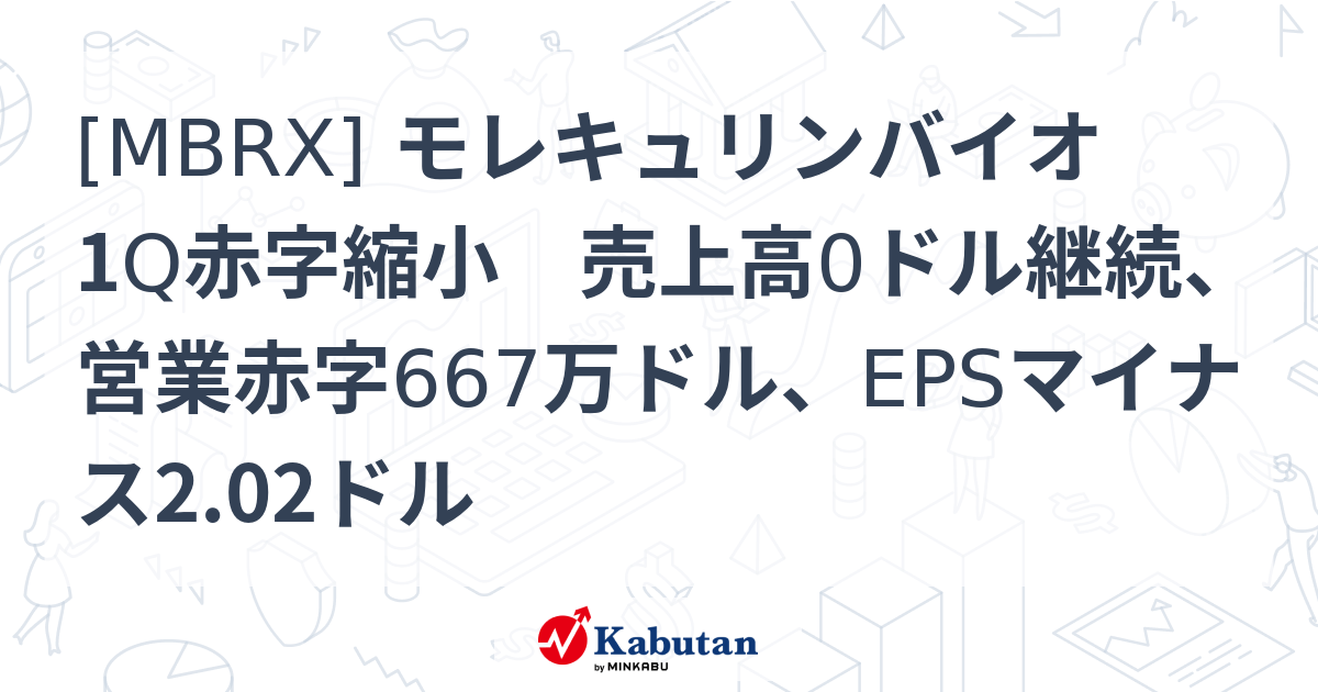 [MBRX] モレキュリンバイオ 1Q赤字縮小 売上高0ドル継続、営業赤字667万ドル、EPSマイナス2.02ドル - 株探(かぶたん)｜米国株