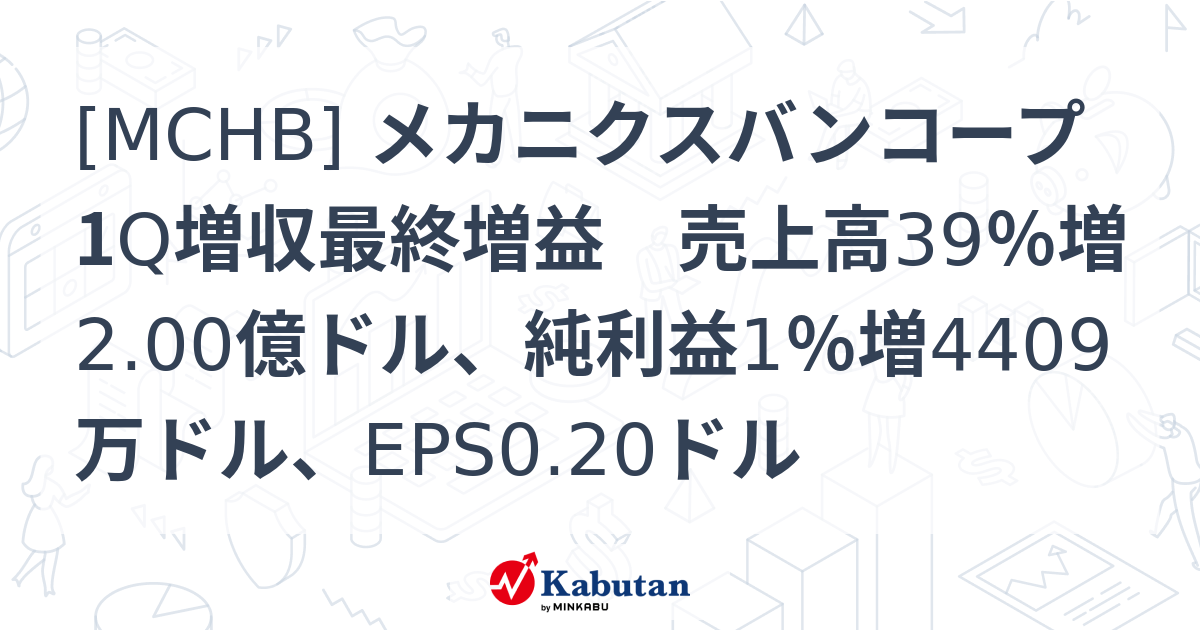 [MCHB] メカニクスバンコープ 1Q増収最終増益 売上高39％増2.00億ドル、純利益1％増4409万ドル、EPS0.20ドル - 株探 ...