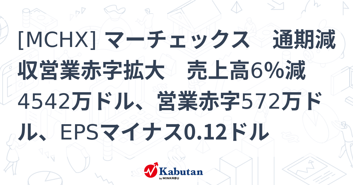 [MCHX] マーチェックス 通期減収営業赤字拡大 売上高6％減4542万ドル、営業赤字572万ドル、EPSマイナス0.12ドル - 株探 ...