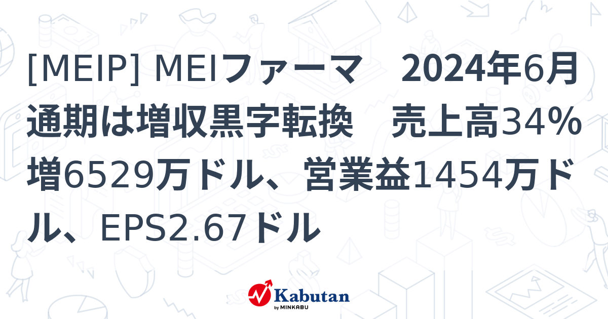 [MEIP] MEIファーマ 2024年6月通期は増収黒字転換 売上高34％増6529万ドル、営業益1454万ドル、EPS2.67ドル ...