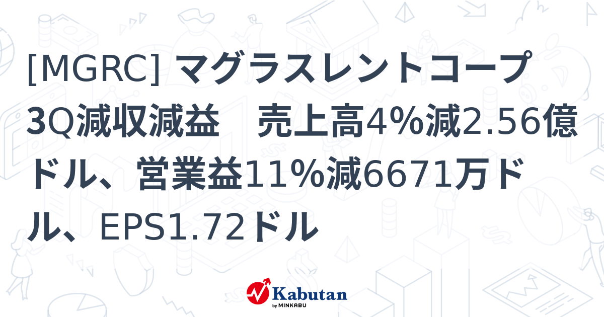 [MGRC] マグラスレントコープ 3Q減収減益 売上高4％減2.56億ドル、営業益11％減6671万ドル、EPS1.72ドル - 株探 ...