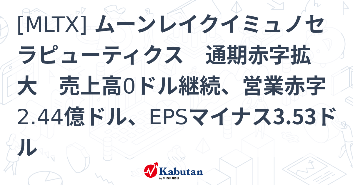 [MLTX] ムーンレイクイミュノセラピューティクス 通期赤字拡大 売上高0ドル継続、営業赤字2.44億ドル、EPSマイナス3.53ドル ...