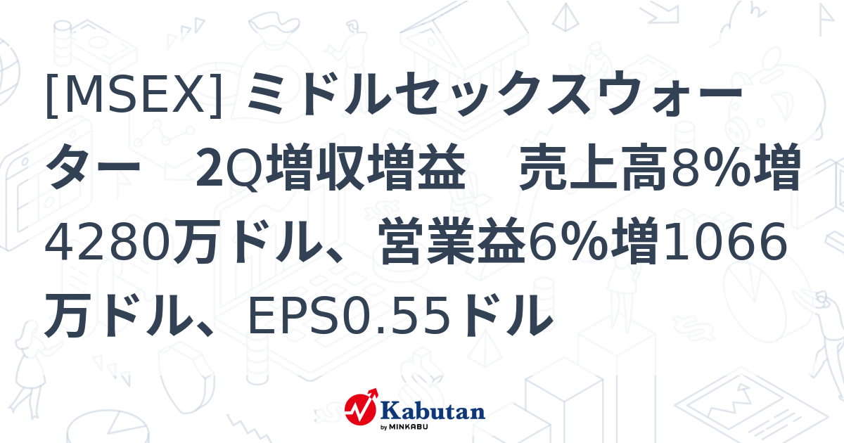 [MSEX] ミドルセックスウォーター 2Q増収増益 売上高8％増4280万ドル、営業益6％増1066万ドル、EPS0.55ドル 株探