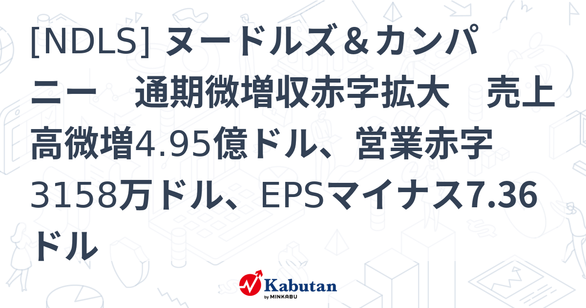 [NDLS] ヌードルズ＆カンパニー 通期微増収赤字拡大 売上高微増4.95億ドル、営業赤字3158万ドル、EPSマイナス7.36ドル ...