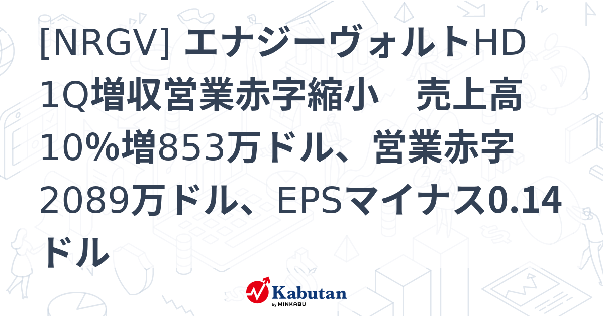 [NRGV] エナジーヴォルトHD 1Q増収営業赤字縮小 売上高10％増853万ドル、営業赤字2089万ドル、EPSマイナス0.14ドル ...