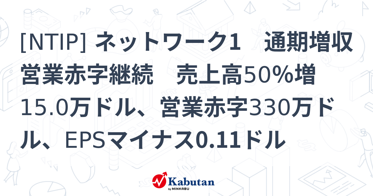 [NTIP] ネットワーク1 通期増収営業赤字継続 売上高50％増15.0万ドル、営業赤字330万ドル、EPSマイナス0.11ドル - 株探 ...