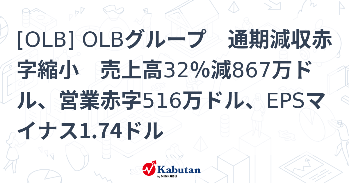[OLB] OLBグループ 通期減収赤字縮小 売上高32％減867万ドル、営業赤字516万ドル、EPSマイナス1.74ドル - 株探(かぶたん ...
