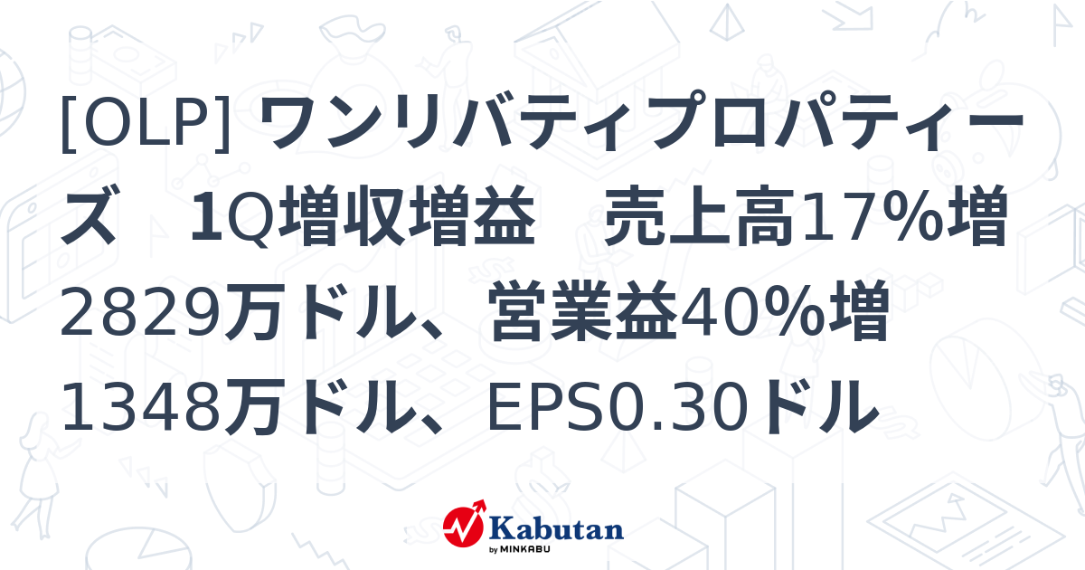 [OLP] ワンリバティプロパティーズ 1Q増収増益 売上高17％増2829万ドル、営業益40％増1348万ドル、EPS0.30ドル - 株探 ...