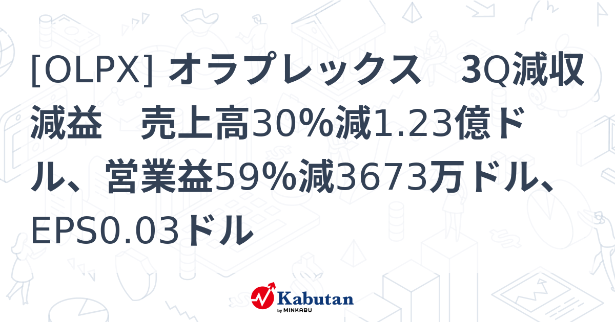 [OLPX] オラプレックス 3Q減収減益 売上高30％減1.23億ドル、営業益59％減3673万ドル、EPS0.03ドル - 株探(かぶたん ...
