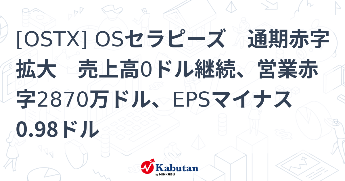 [OSTX] OSセラピーズ 通期赤字拡大 売上高0ドル継続、営業赤字2870万ドル、EPSマイナス0.98ドル - 株探(かぶたん)｜米国株