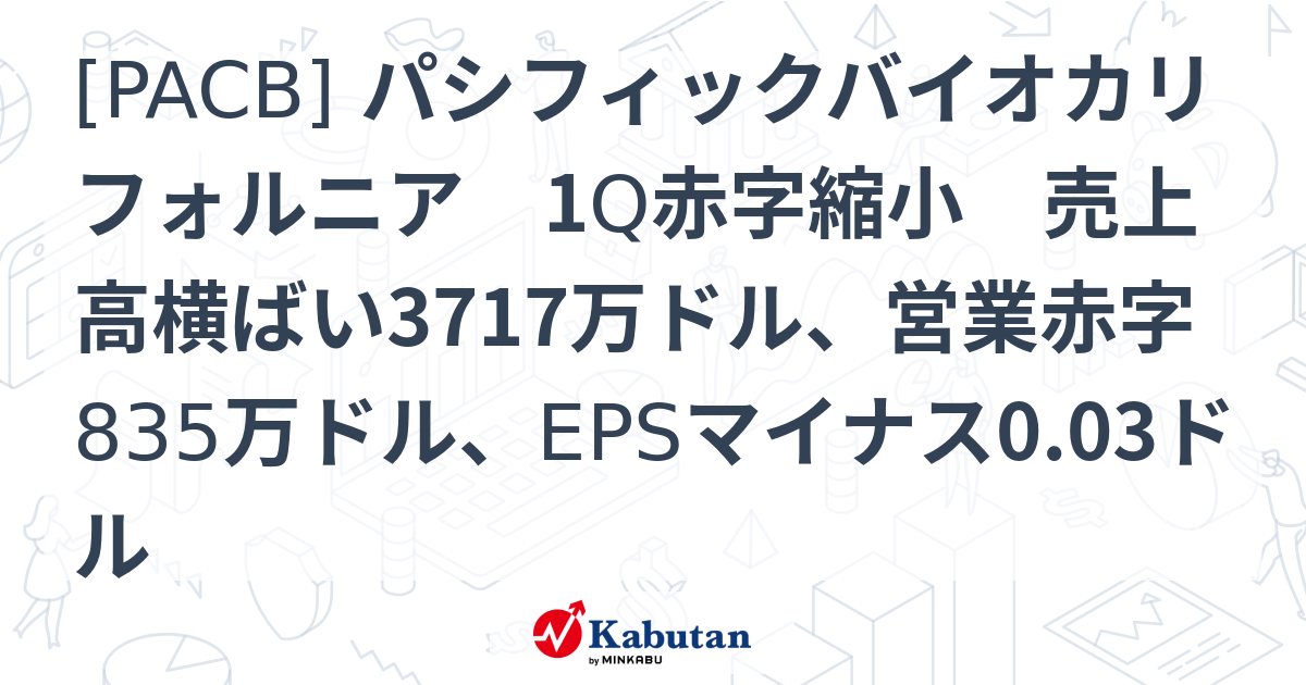 [PACB] パシフィックバイオカリフォルニア 1Q赤字縮小 売上高横ばい3717万ドル、営業赤字835万ドル、EPSマイナス0.03ドル ...