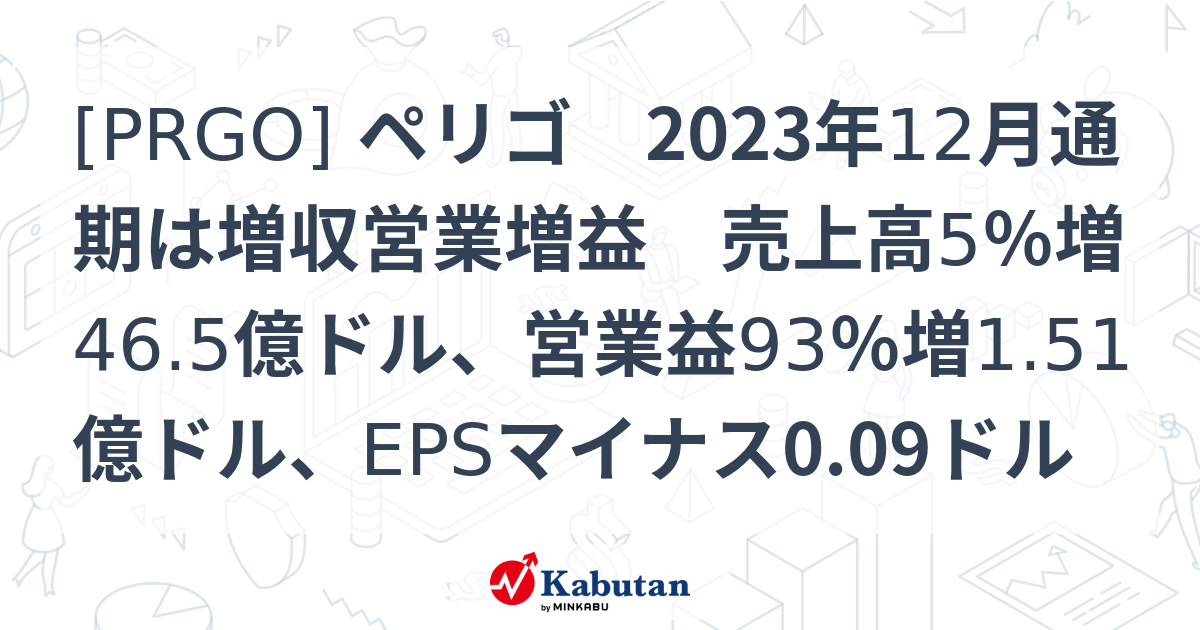 [PRGO] ペリゴ 2023年12月通期は増収営業増益 売上高5％増46.5億ドル、営業益93％増1.51億ドル、EPSマイナス0.09ドル ...