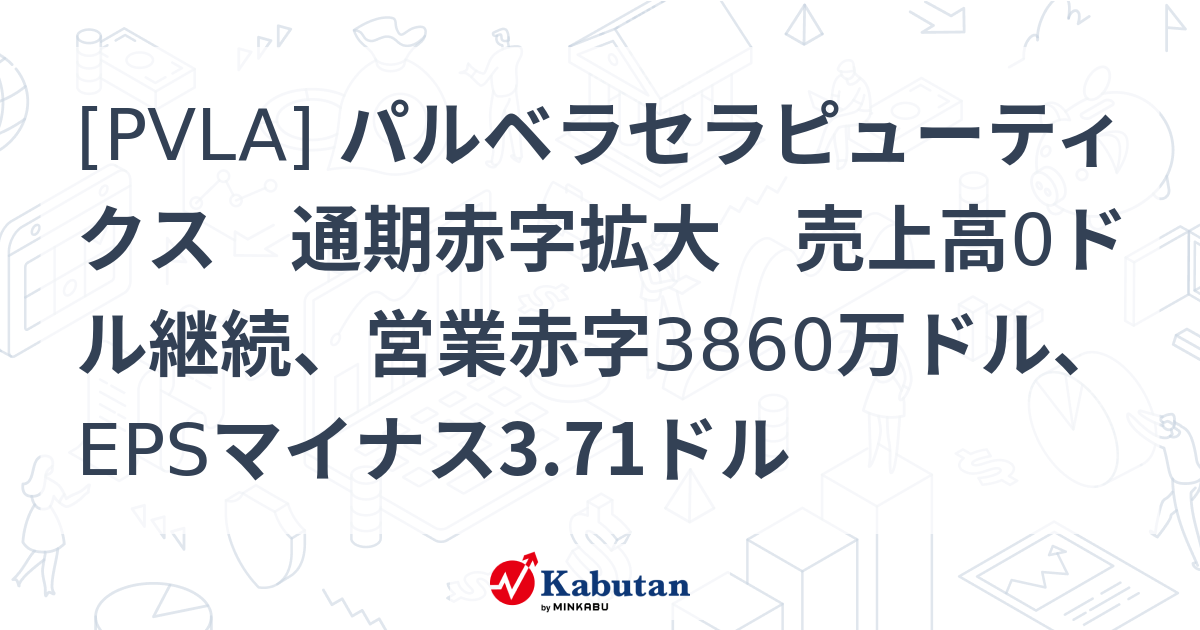 [PVLA] パルベラセラピューティクス 通期赤字拡大 売上高0ドル継続、営業赤字3860万ドル、EPSマイナス3.71ドル - 株探 ...