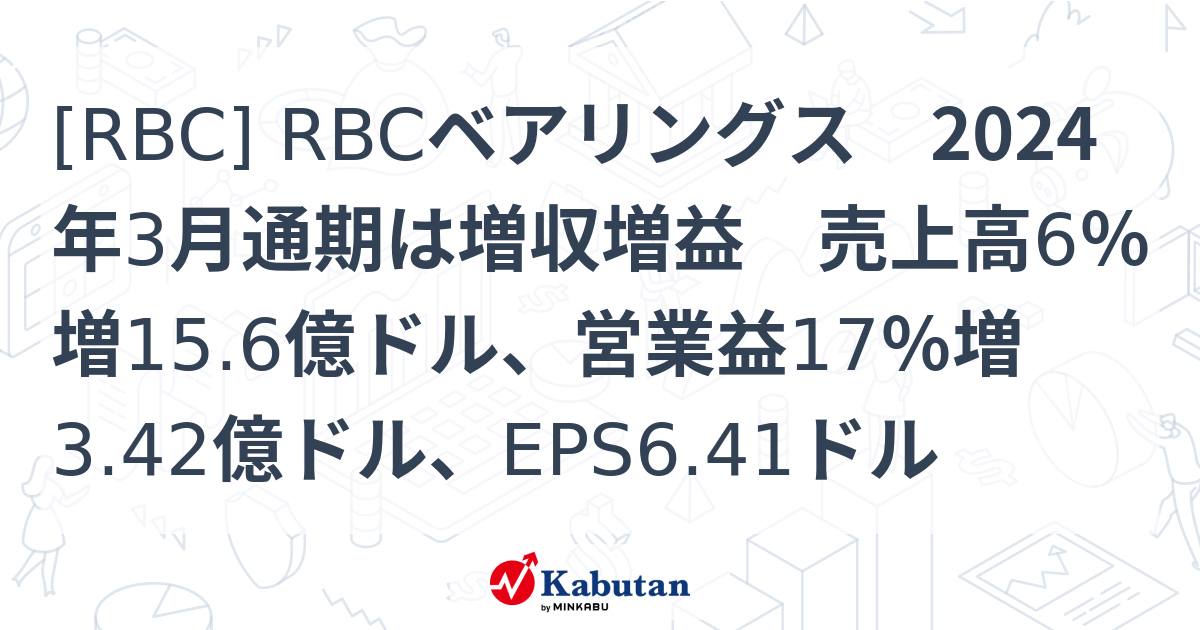 [RBC] RBCベアリングス 2024年3月通期は増収増益 売上高6％増15.6億ドル、営業益17％増3.42億ドル、EPS6.41ドル ...