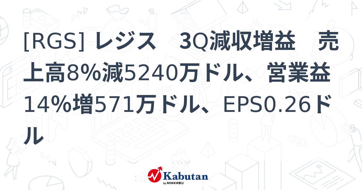 [RGS] レジス 3Q減収増益 売上高8％減5240万ドル、営業益14％増571万ドル、EPS0.26ドル - 株探(かぶたん)｜米国株
