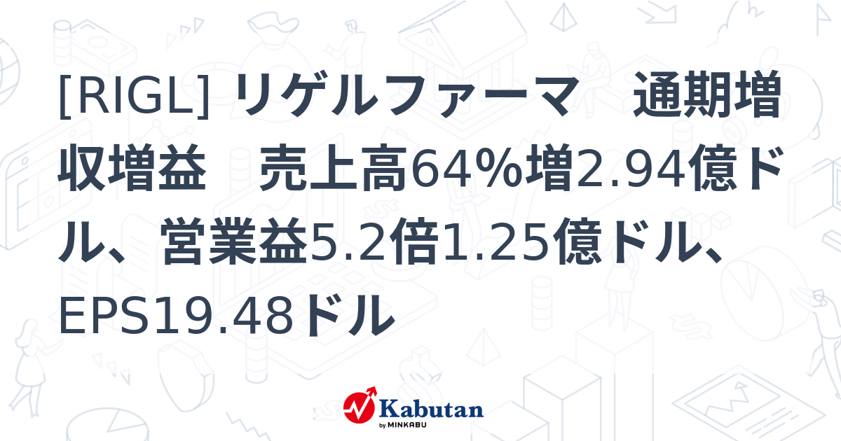 [RIGL] リゲルファーマ 通期増収増益 売上高64％増2.94億ドル、営業益5.2倍1.25億ドル、EPS19.48ドル - 株探 ...