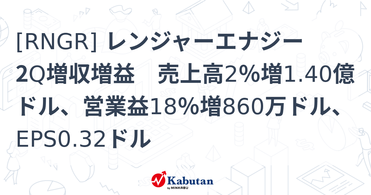 [RNGR] レンジャーエナジー 2Q増収増益 売上高2％増1.40億ドル、営業益18％増860万ドル、EPS0.32ドル - 株探(かぶたん ...