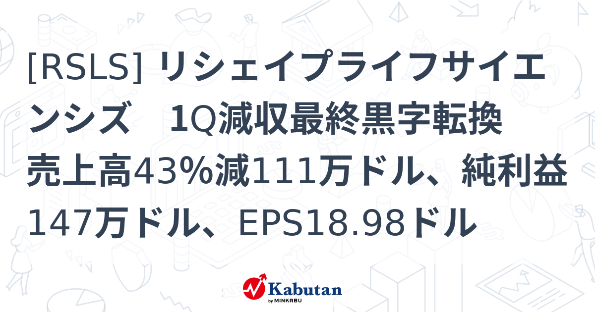 [RSLS] リシェイプライフサイエンシズ 1Q減収最終黒字転換 売上高43％減111万ドル、純利益147万ドル、EPS18.98ドル ...