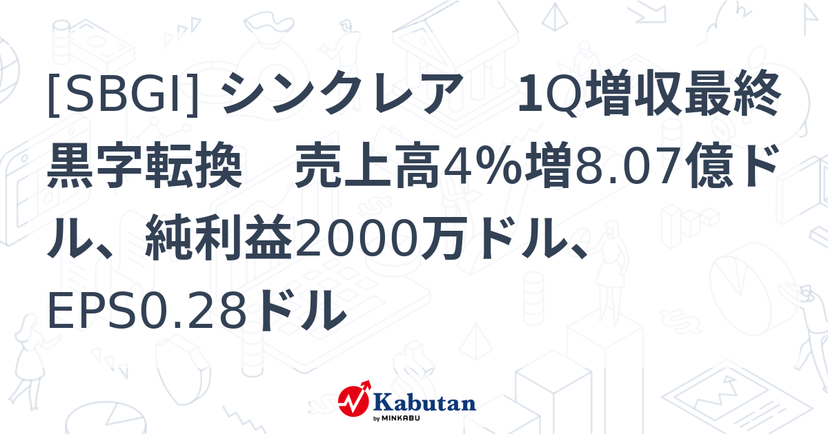 [SBGI] シンクレア 1Q増収最終黒字転換 売上高4％増8.07億ドル、純利益2000万ドル、EPS0.28ドル - 株探(かぶたん)｜米国株