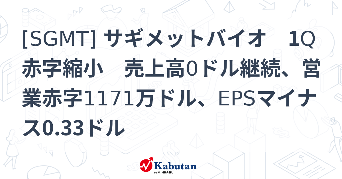 [SGMT] サギメットバイオ 1Q赤字縮小 売上高0ドル継続、営業赤字1171万ドル、EPSマイナス0.33ドル - 株探(かぶたん)｜米国株
