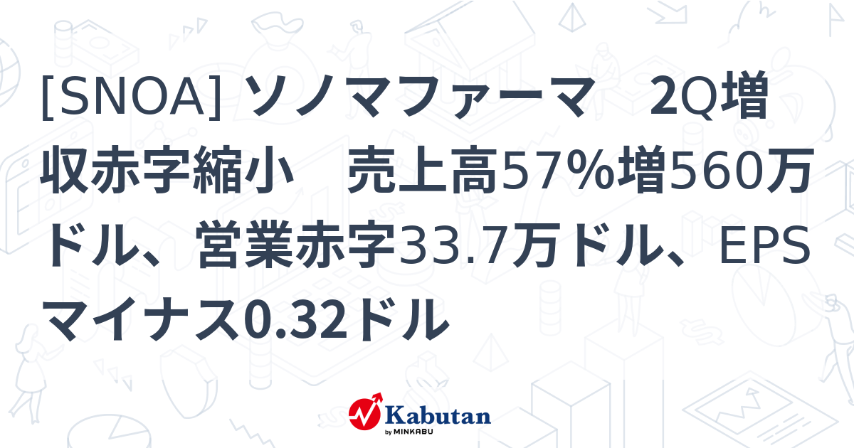 [SNOA] ソノマファーマ 2Q増収赤字縮小 売上高57％増560万ドル、営業赤字33.7万ドル、EPSマイナス0.32ドル - 株探 ...
