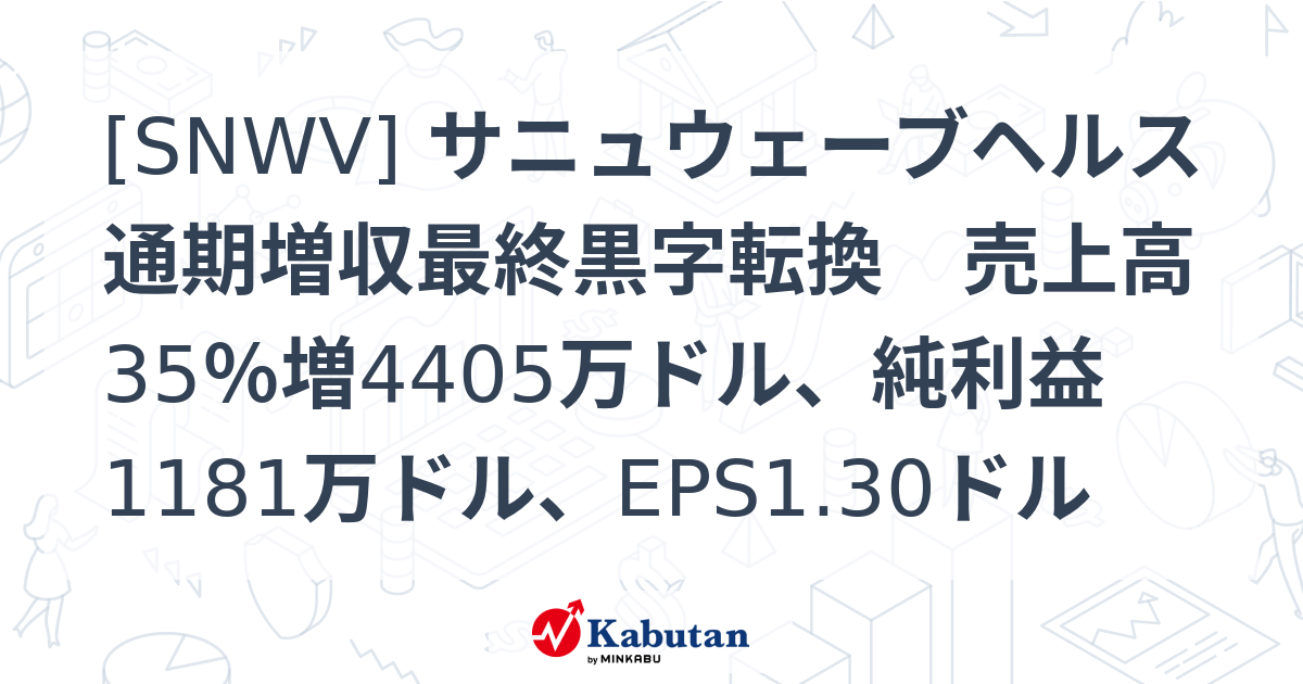 [SNWV] サニュウェーブヘルス 通期増収最終黒字転換 売上高35％増4405万ドル、純利益1181万ドル、EPS1.30ドル - 株探 ...