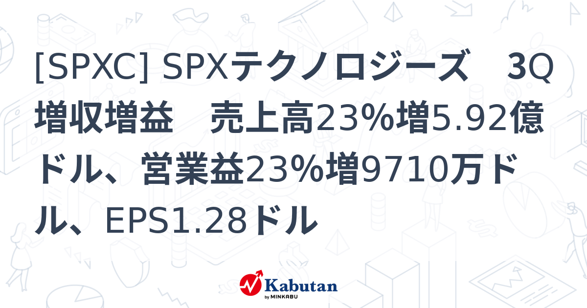 [SPXC] SPXテクノロジーズ 3Q増収増益 売上高23％増5.92億ドル、営業益23％増9710万ドル、EPS1.28ドル - 株探 ...
