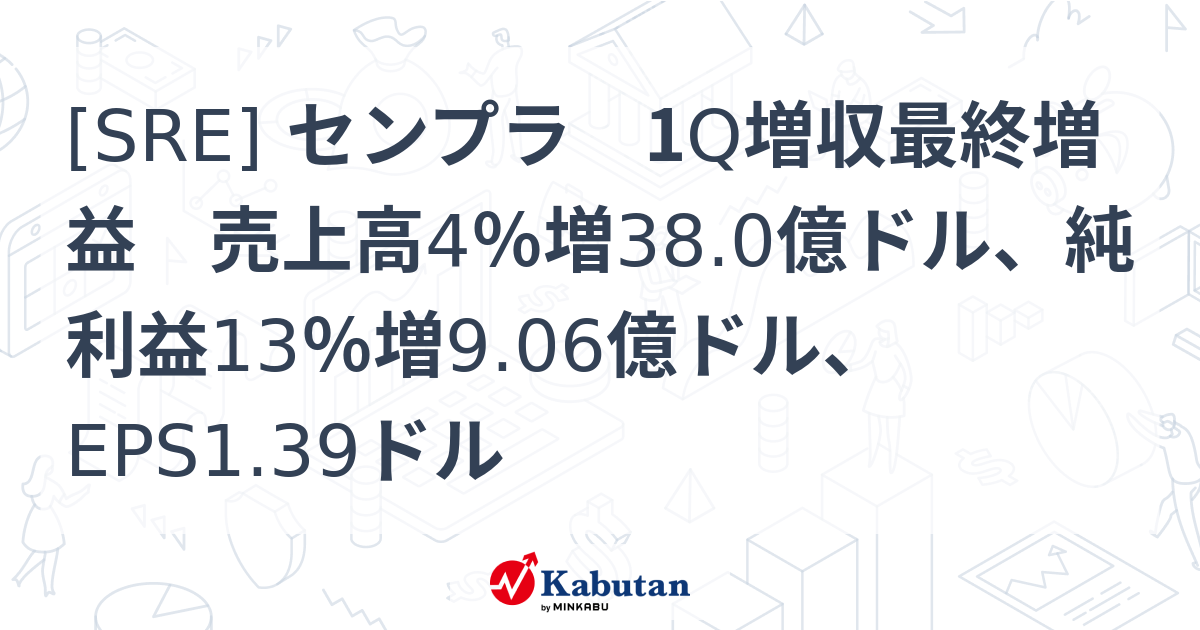 SRE] センプラ 1Q増収最終増益 売上高4％増38.0億ドル、純利益13