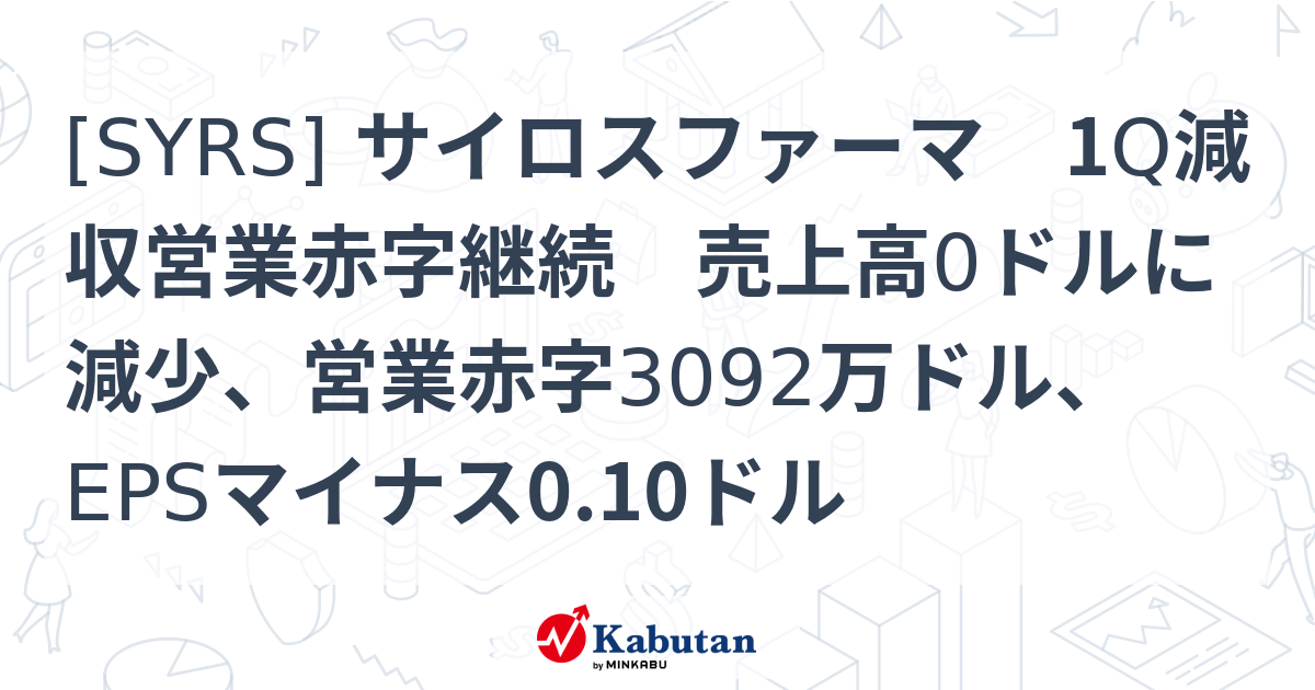 SYRS] サイロスファーマ 1Q減収営業赤字継続 売上高0ドルに減少、営業 ...