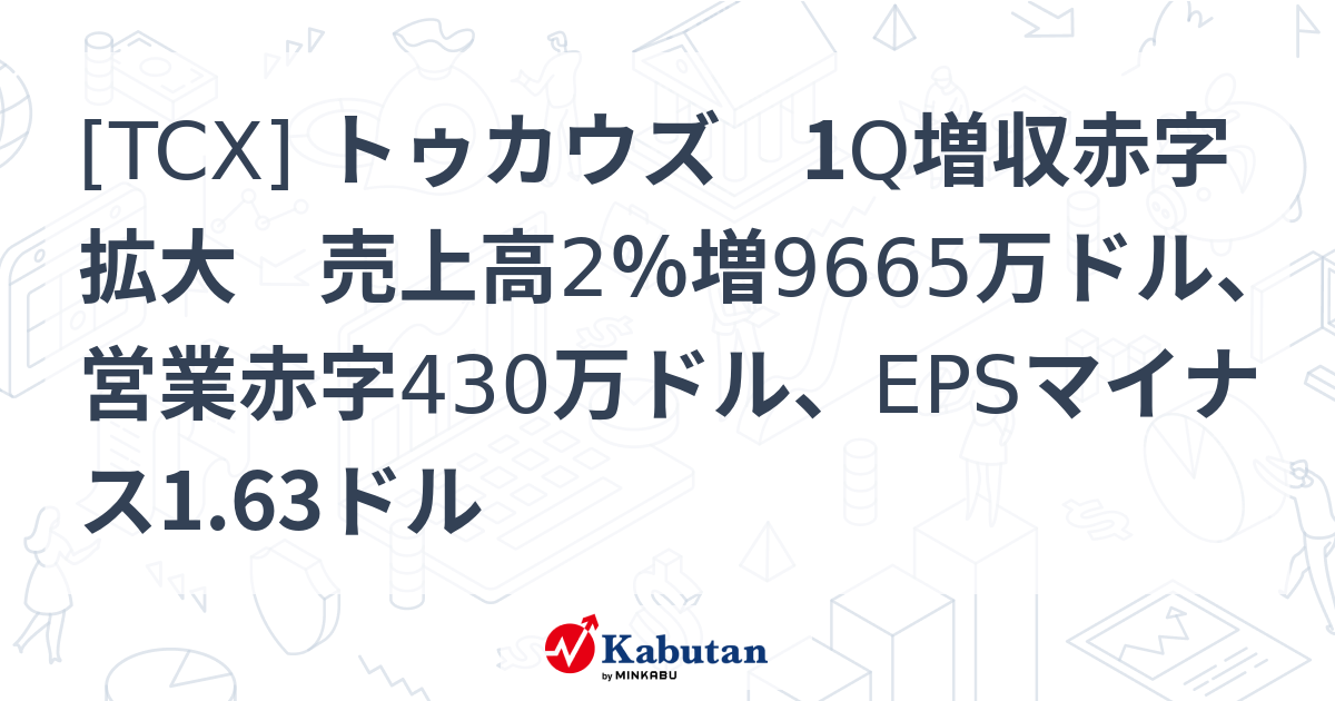 [TCX] トゥカウズ 1Q増収赤字拡大 売上高2％増9665万ドル、営業赤字430万ドル、EPSマイナス1.63ドル - 株探(かぶたん)｜米国株