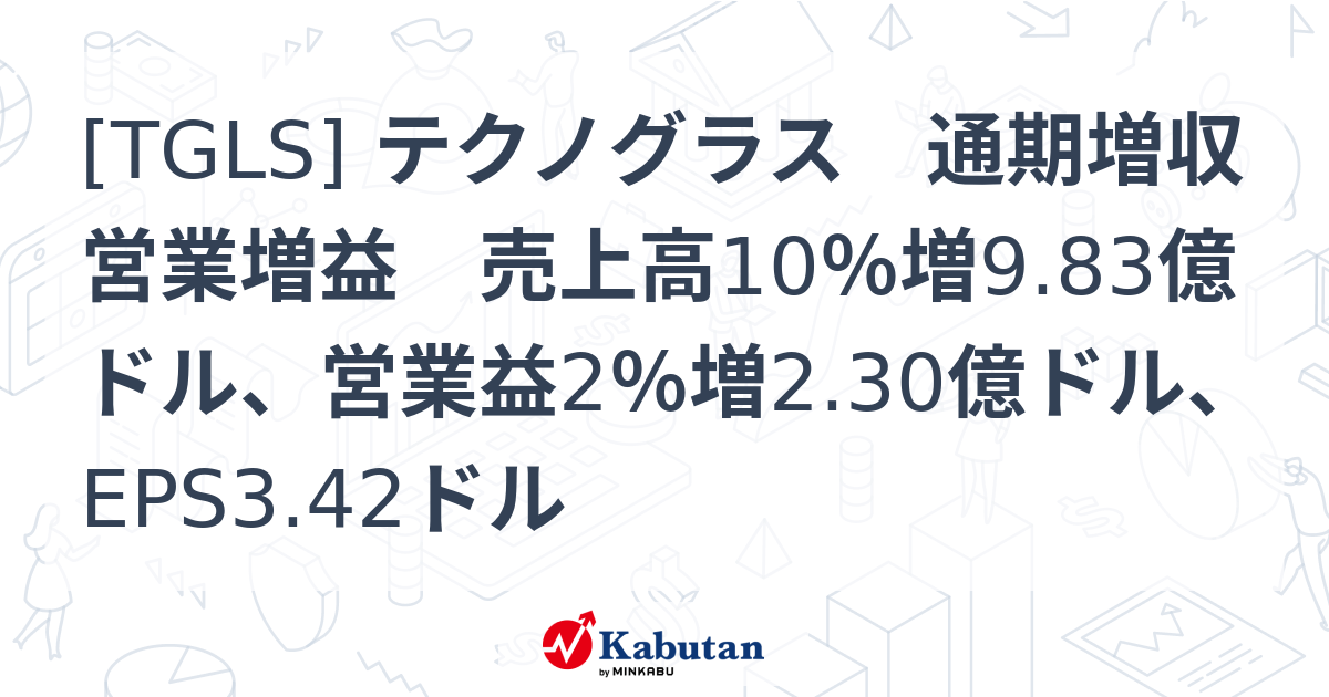 [TGLS] テクノグラス 通期増収営業増益 売上高10％増9.83億ドル、営業益2％増2.30億ドル、EPS3.42ドル - 株探(かぶたん ...