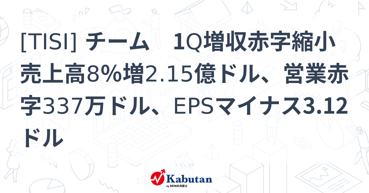 [TISI] チーム 1Q増収赤字縮小 売上高8％増2.15億ドル、営業赤字337万ドル、EPSマイナス3.12ドル - 株探(かぶたん)｜米国株