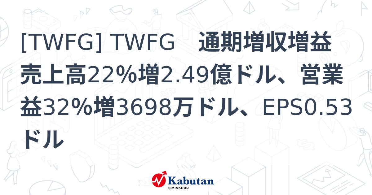 [TWFG] TWFG 通期増収増益 売上高22％増2.49億ドル、営業益32％増3698万ドル、EPS0.53ドル - 株探(かぶたん)｜米国株