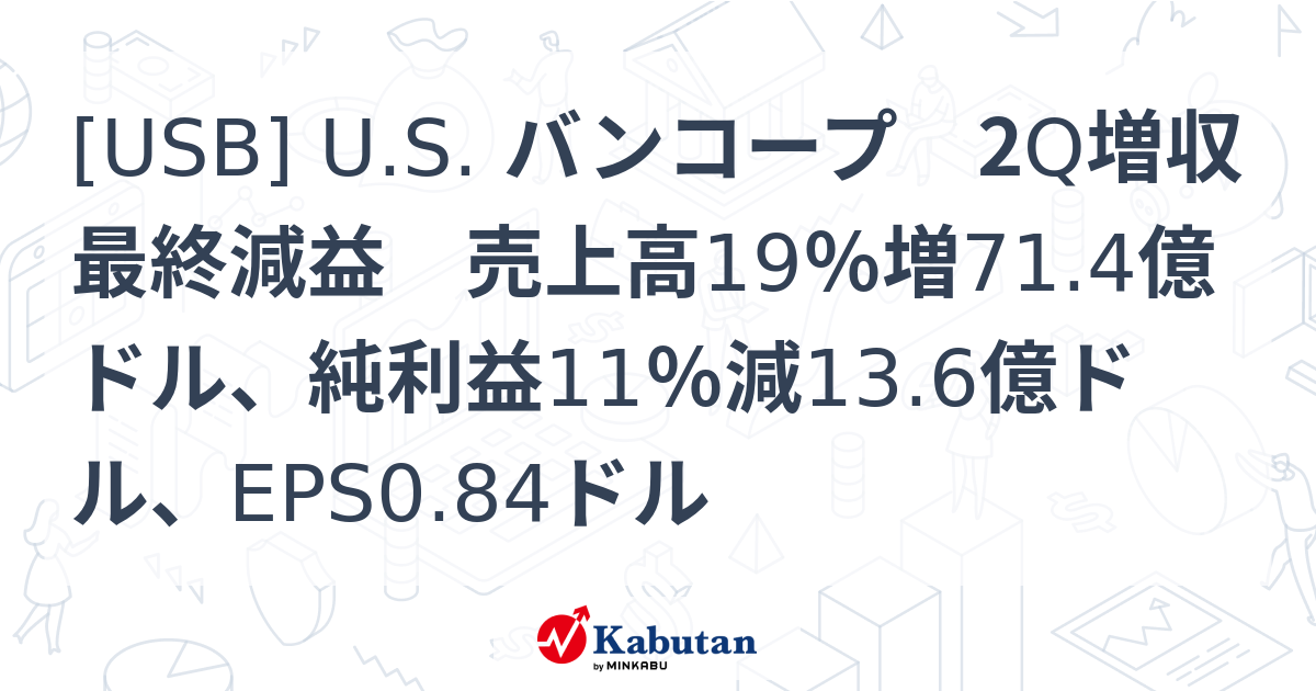 [USB] U.S. バンコープ 2Q増収最終減益 売上高19％増71.4億ドル、純利益11％減13.6億ドル、EPS0.84ドル 株探