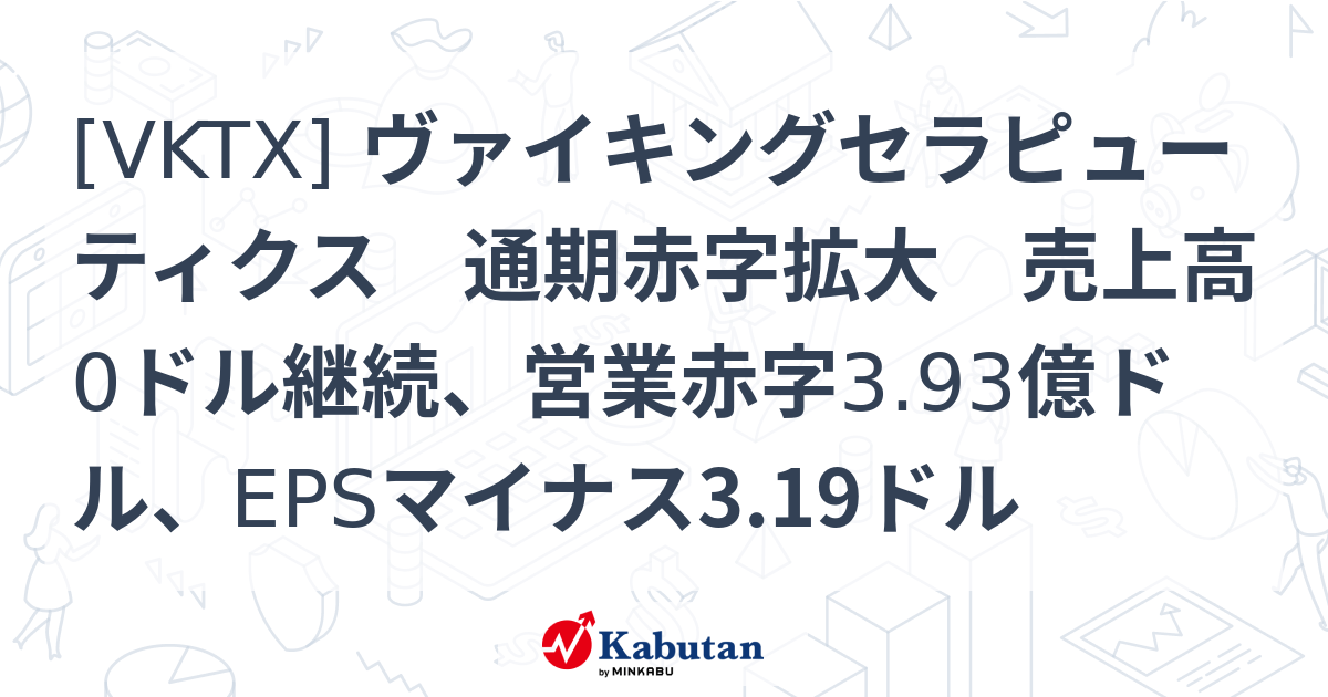 [VKTX] ヴァイキングセラピューティクス 通期赤字拡大 売上高0ドル継続、営業赤字3.93億ドル、EPSマイナス3.19ドル - 株探 ...
