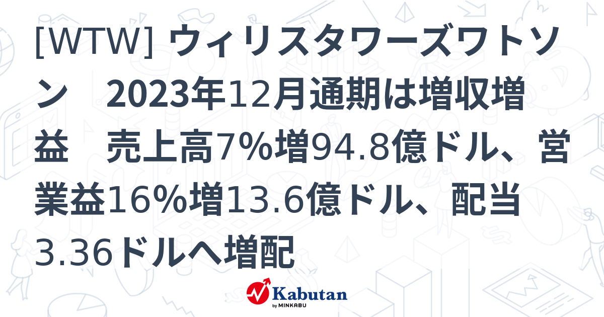 [WTW] ウィリスタワーズワトソン 2023年12月通期は増収増益 売上高7％増94.8億ドル、営業益16％増13.6億ドル、配当3.36