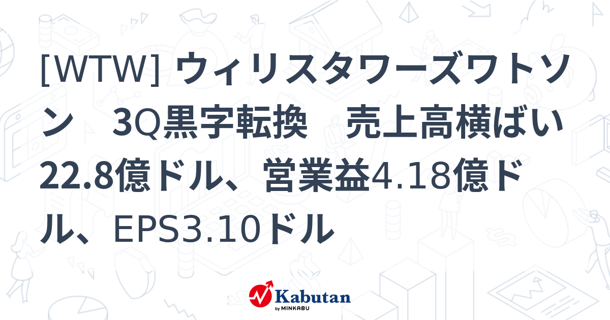 [WTW] ウィリスタワーズワトソン 3Q黒字転換 売上高横ばい22.8億ドル、営業益4.18億ドル、EPS3.10ドル - 株探(かぶたん)｜米国株