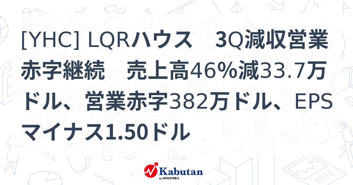 [YHC] LQRハウス 3Q減収営業赤字継続 売上高46％減33.7万ドル、営業赤字382万ドル、EPSマイナス1.50ドル - 株探 ...