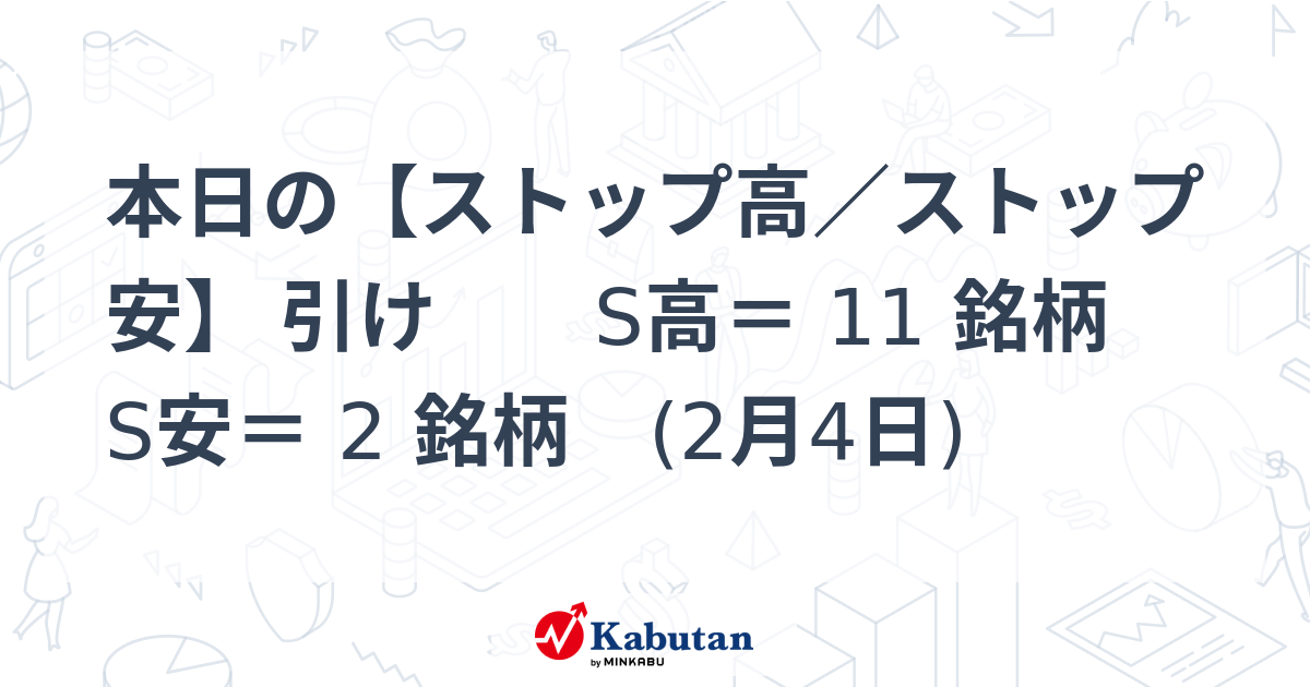 本日の【ストップ高／ストップ安】 引け S高＝ 11 銘柄 S安＝ 2