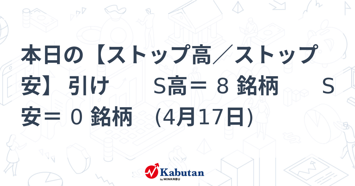 本日の【ストップ高／ストップ安】 引け S高＝ 8 銘柄 S安＝ 0