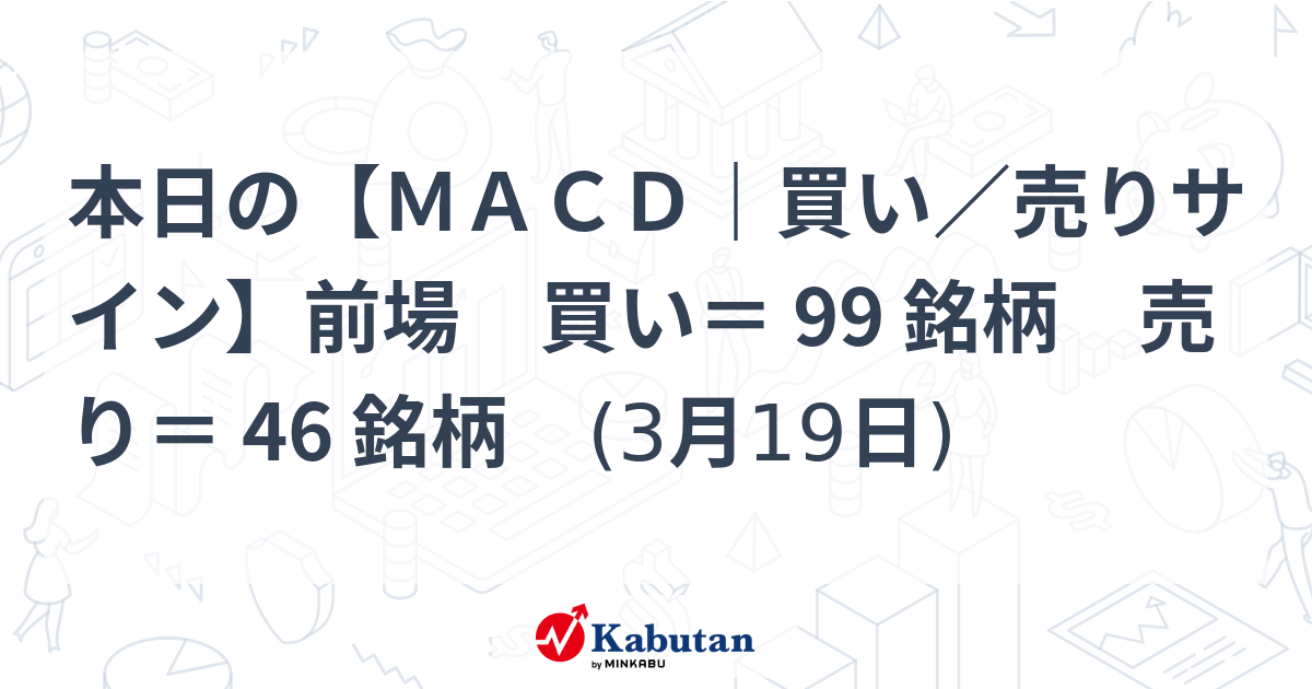本日の【MACD｜買い／売りサイン】前場 買い＝ 99 銘柄 売り＝ 46 銘柄 (3月19日) - 株探